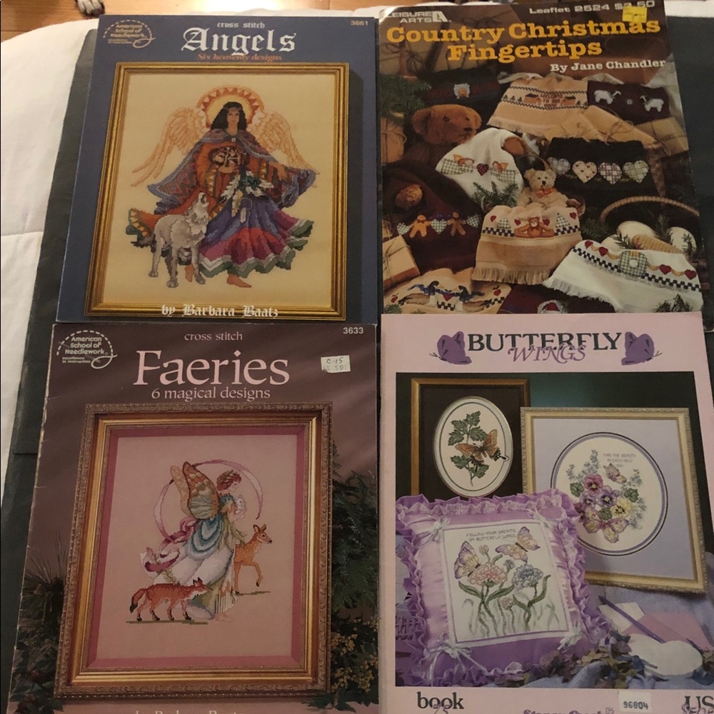 4 vintage Angels faeries Cross Stitch Patterns butterfly Christmas towels